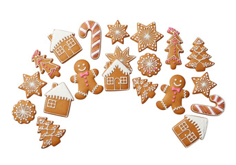 Assortment of christmas gingerbread cookies isolated on transparent background