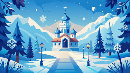 Enchanting winter castle landscape, a snowy wonderland scene evoking fantasy and magic, inviting fairy tales and holiday cheer in a vector style