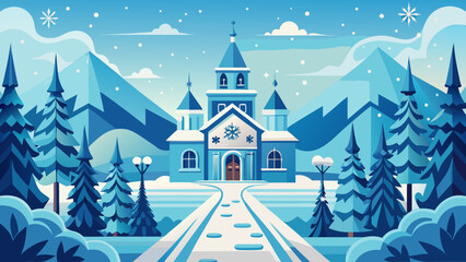 Enchanting winter castle landscape, a snowy wonderland scene evoking fantasy and magic, inviting fairy tales and holiday cheer in a vector style