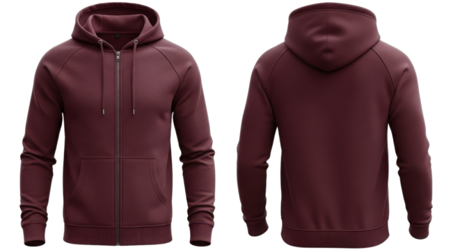 Blank maroon zip-up hoodie mockup template isolated on white. Front and back view sweatshirt design.