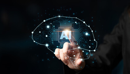 A concept of a deep learning neural network. The AI processor acts as the core of a digital brain, representing the complex algorithms and connections of machine learning. Fermion