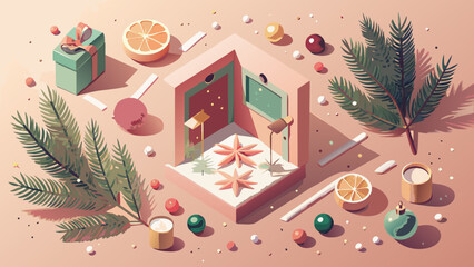 Festive holiday cheer with gifts, ornaments, and citrus, perfect for seasonal promotions and joyful social media posts with a modern, whimsical touch