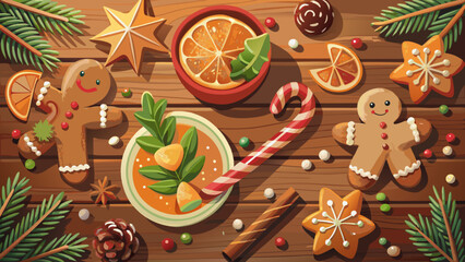 Festive holiday treat arrangement with cheerful gingerbread cookies, vibrant oranges, and candy canes, perfect for creating a warm seasonal atmosphere