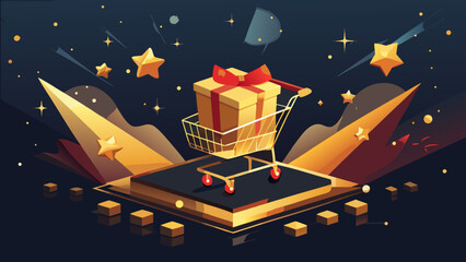 Festive shopping cart filled with a gift wrapped in a red bow, surrounded by golden stars and presents for the holidays, perfect for e-commerce promotions