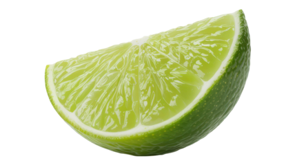 A single wedge of fresh green lime fruit isolated on transparent background