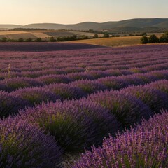 Obraz premium Vast purple lavender field in golden hour light with rolling hills