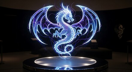 Illuminated majestic dragon sculpture emitting ethereal blue and purple light on a rotating display stand