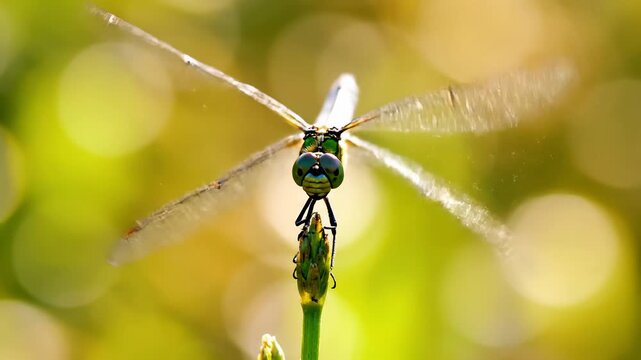 Close Up of Dragonfly Resting on a Green Bud, Macro Shot