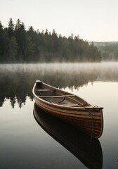 Obraz premium Wooden canoe on tranquil, misty lake reflecting a forest