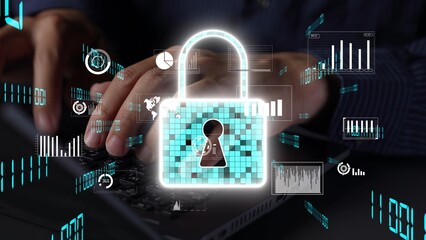 Hands on a keyboard illustrate digital security, featuring a glowing padlock symbol combined with data visualizations and binary elements, emphasizing data protection. Xenic