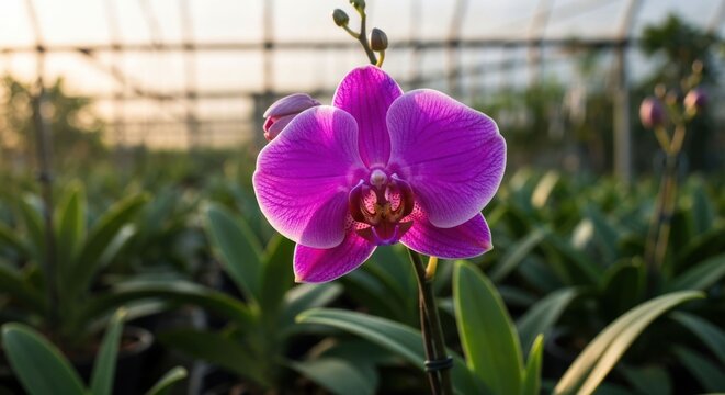 Vibrant purple orchid blooming in a sunlit greenhouse nursery - Powered by Adobe