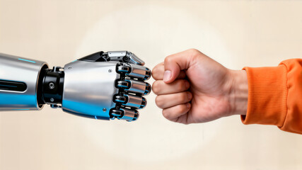 Human and robotic hands meeting for futuristic fist bump symbolizing technology collaboration innovation and harmony between man and machine
