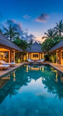 Obraz premium Luxury Tropical Villa with Infinity Pool at Sunset.