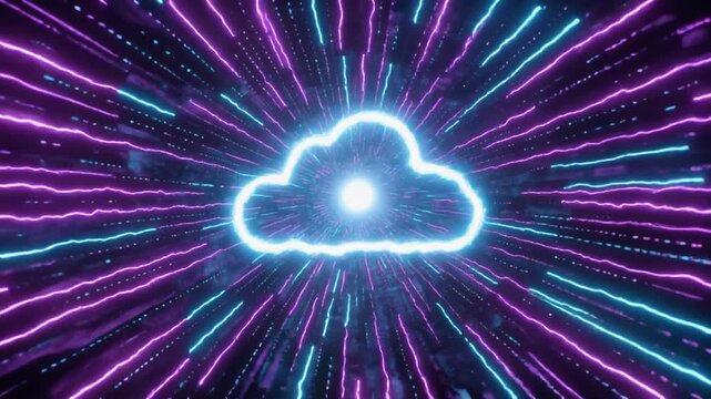 Futuristic digital concept of cloud technology with a bright neon cloud symbol at the center of a high-speed data stream light tunnel