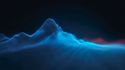 Ethereal digital wave mesh, blue neon gradient, abstract information flow, futuristic technology landscape background evokes calm wonder with smooth light glow and soft depth in darkness