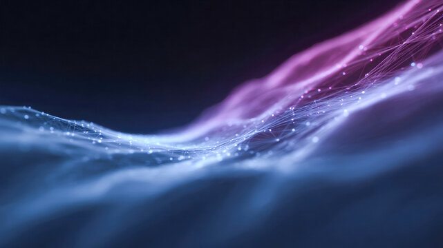 Information technology background network wave abstract mesh lines digital grid neon glow blue purple gradient data flow futuristic landscape soft focus minimal design