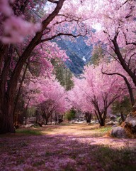 Naklejka premium Sunlit Forest Clearing with Pink Cherry Blossom Trees and Petal Carpet sakura pink flowers