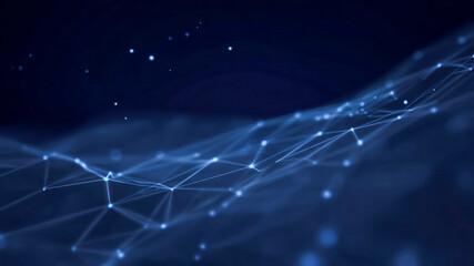 Futuristic network mesh connection data flow information technology background glowing nodes dark blue abstract digital wave dynamic motion elegant minimal