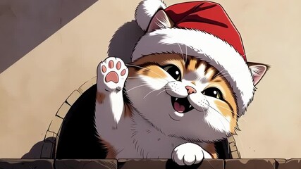 Joyful cartoon kitten wearing a red Santa hat waving a paw in a friendly greeting for a merry Christmas concept and festive holiday cheer