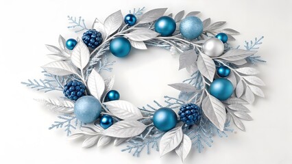 Elegant winter christmas wreath adorned with frosted white leaves blue ornaments and pinecones on a white background