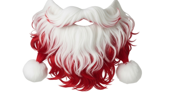 A Pair of Classic Red and White Fluffy Santa Beard with Pom-Poms, Isolated Against a Transparent Background