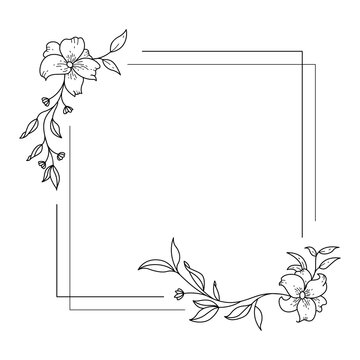 Floral and square hand drawn style.Floral black and white frame of twigs, leaves and flowers. Frames for the Valentine's day, wedding decor, logo and identity template.