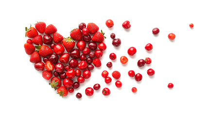 heart of red currant berries on white background, cherry and strawberry in heart shape,  Valentine's Day, desert sweet summer berries heart, sweet berry heart, horizontal