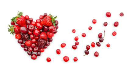 red currant berries  on white background, cherry and strawberry in heart shape,  Valentine's Day, desert sweet summer berries, berries heart, sweet berry heart