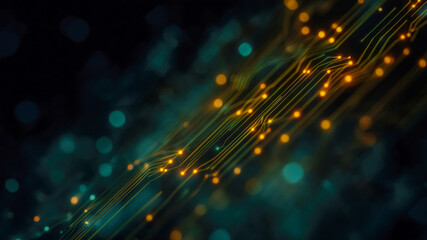 Digital network lines glowing circuit data flow neon light abstract wave futuristic pattern information technology background create dynamic energy scene with depth and motion evoking curiosity