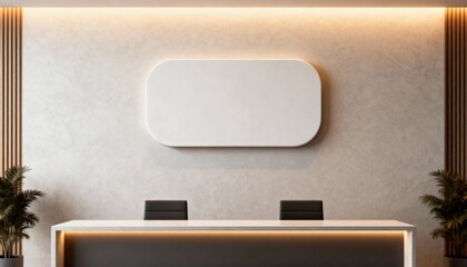 3d wall logo mockup on reception wall, blank mockup area, soft office lighting, corporate feel professional photo