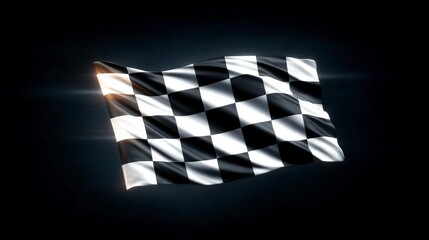 Naklejka premium Waving black and white checkered flag against a dark background with bright lens flare effects