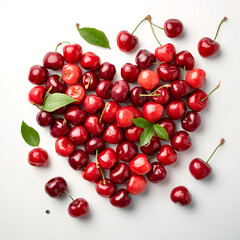 red cherries in heart shape on white background, Valentine's Day, summer berries,  cherry heart, heart from cherry