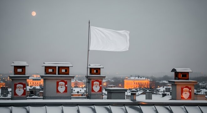 Snowy rooftop with chimneys decorated for Christmas and a white flag against a city skyline. - Powered by Adobe