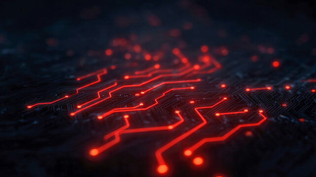 Glowing circuit pattern technology information background pulses across dark board with neon red trace lines in shallow focus creating futuristic digital mood and modern energy for innovation