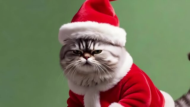 Cute fluffy tabby cat wearing a festive Santa Claus costume and hat, making playful gestures for Christmas celebration concept on a green background