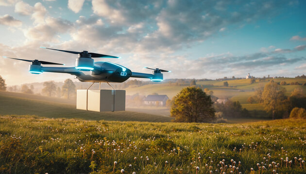 Modern drone delivering package over serene field at sunrise, envisioning fast rural shipping and innovative logistics solutions for e-commerce businesses now