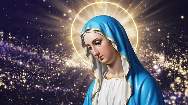 Radiant Marys Sorrowful Gaze Amidst Cosmic Brilliance