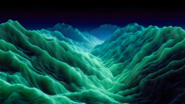 Abstract digital landscape neon terrain data waves cyber grid futuristic valley energy flow dynamic lines information technology background evokes curiosity and calm across surreal mountain vista