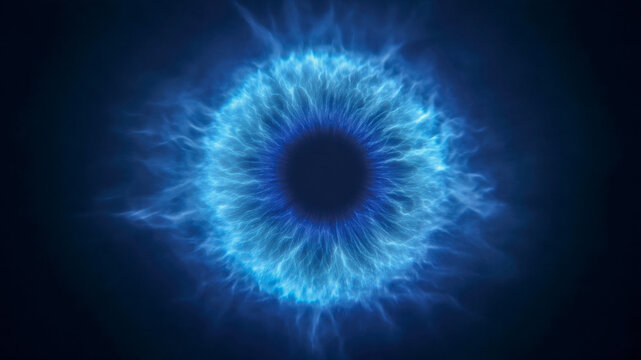 Futuristic eye, cybernetic iris, glowing blue ring, digital vortex, energy wave, particle trails merge in sci fi abstract halo, electric aura radiates power and mystery in dark background - Powered by Adobe