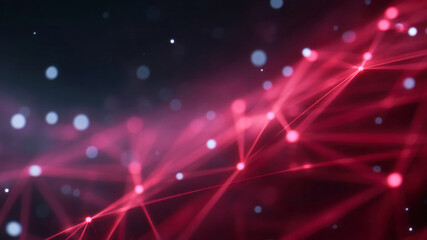 Abstract technology background network red neon lines glowing nodes digital grid data flow futuristic information design soft bokeh dynamic energy minimal style