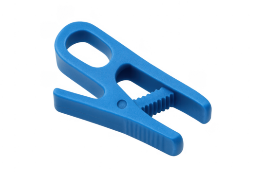 Blue plastic medical tube clamp controlling liquid flow