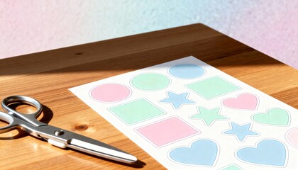 sticker sheet mockup flat on desk with scissors, multiple blank sticker shapes, pastel backdrop, creative flatlay photo