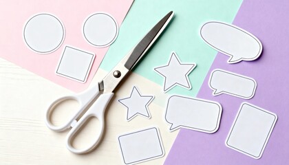sticker sheet mockup flat on desk with scissors, multiple blank sticker shapes, pastel backdrop, creative flatlay photo