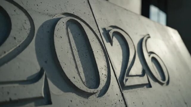 A close-up architectural shot of the year "2026" deeply engraved into a smooth grey concrete wall, highlighting the play of light and shadow on the carved numerals.