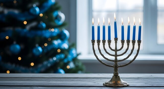 Hanukkah menorah with blue candles and christmas tree in background