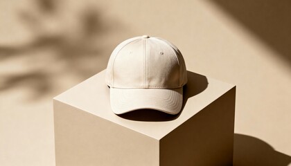 baseball cap mockup on neutral plinth, isolated product display, clean fashion retail photo
