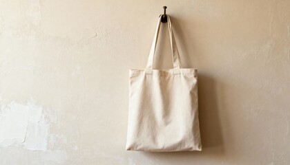 tote bag mockup hanging on hook against painted wall, front blank area, lifestyle retail presentation