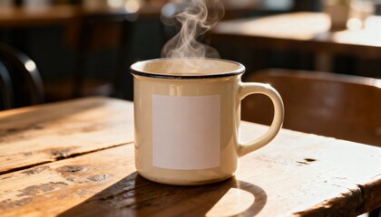 ceramic mug mockup on cafe table, blank print area, steam hint, cozy morning lighting