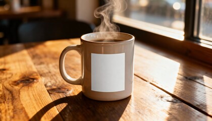 ceramic mug mockup on cafe table, blank print area, steam hint, cozy morning lighting
