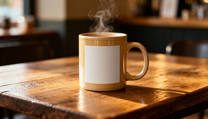 ceramic mug mockup on cafe table, blank print area, steam hint, cozy morning lighting